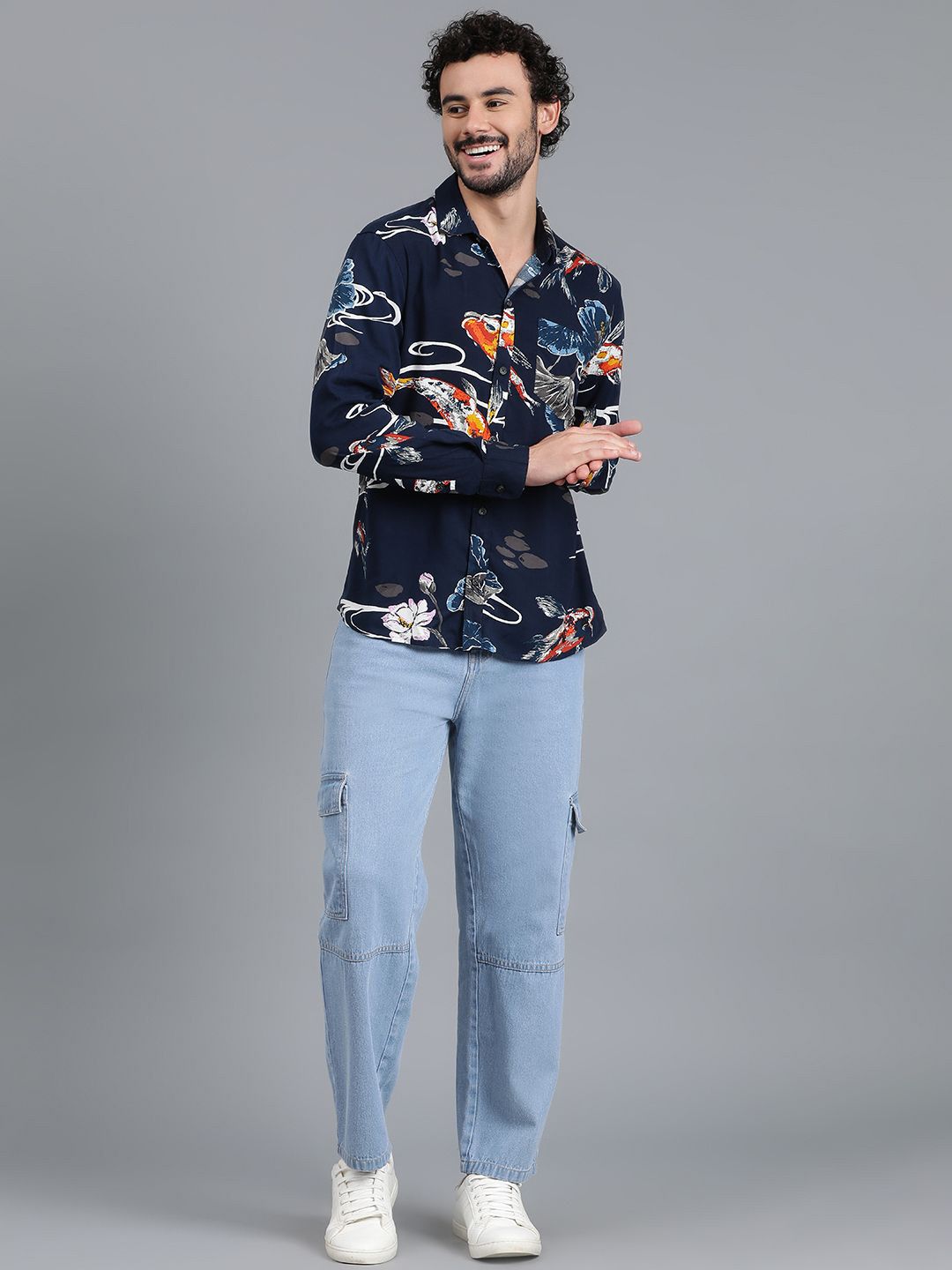 Kotty New Navy Blue Floral Printed Spread Collar Casual Shirt