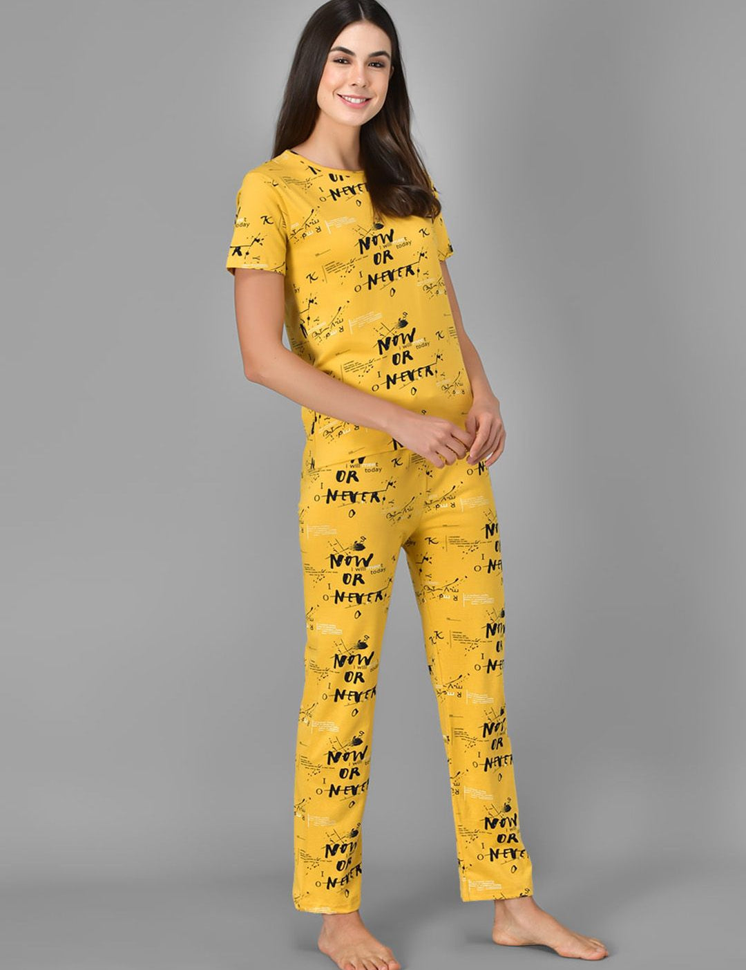 Kotty Women Yellow & Black Printed Night Suit