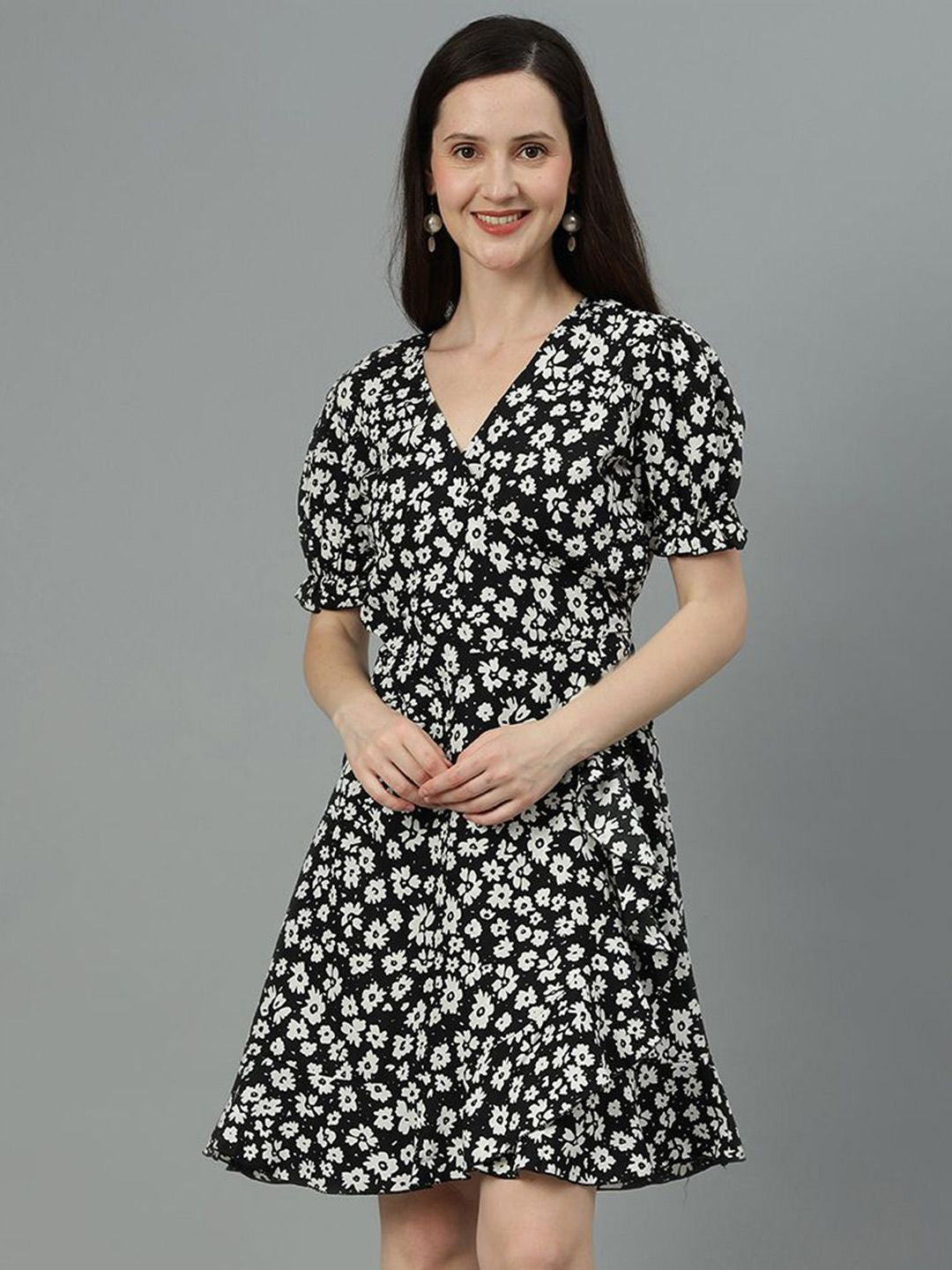 Kotty Floral Printed V-Neck Puff Sleeves Crepe Wrap Dress