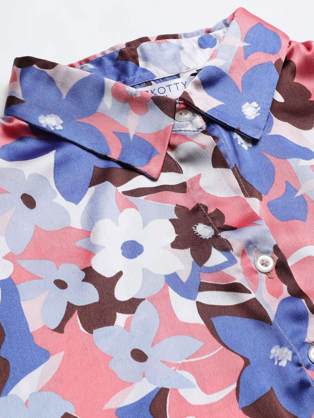 Kotty White & Blue Floral Printed Satin Shirt Style Top