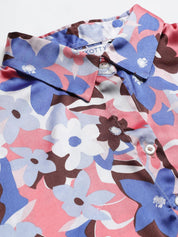 Kotty White & Blue Floral Printed Satin Shirt Style Top
