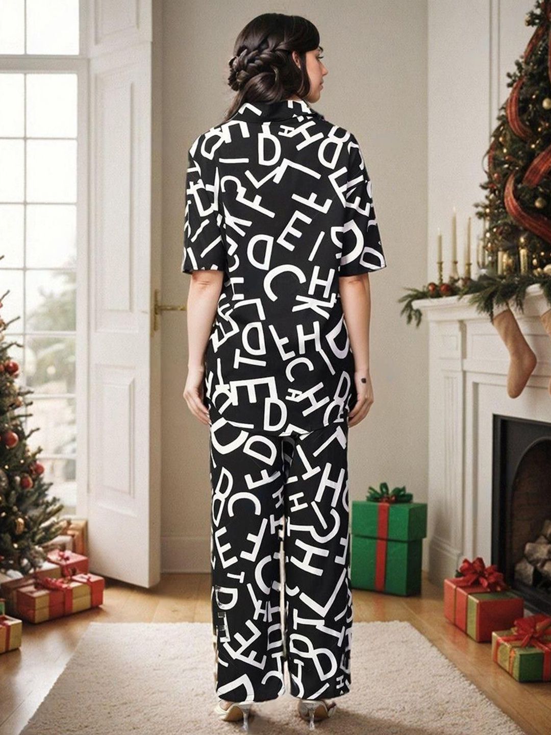 Kotty Black and White Printed Shirt Collar Shirt With Trouser