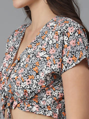 Kotty Floral Printed V-Neck Crop Top & Skirt