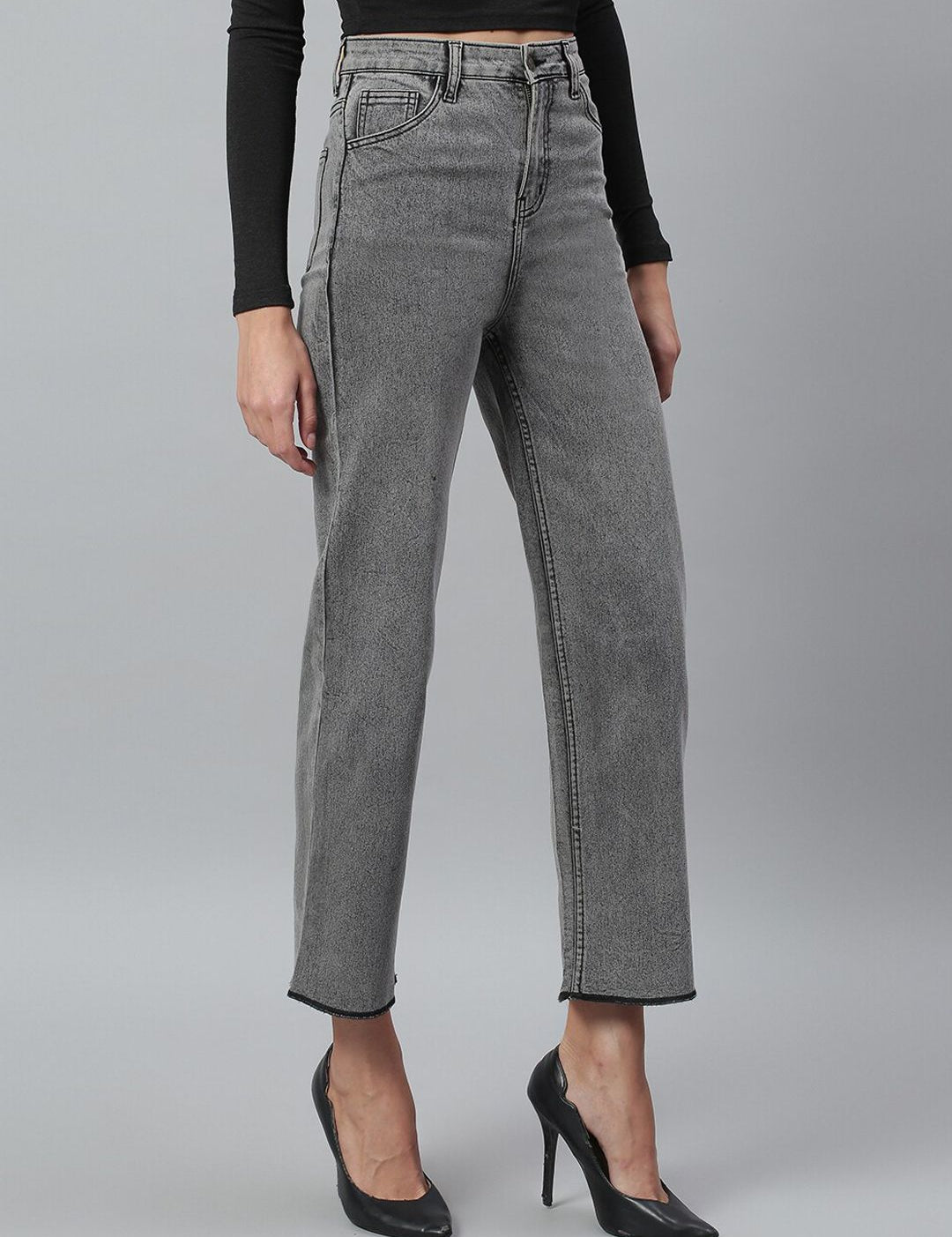 Kotty Women Grey Flared High-Rise Light Fade Stretchable Jeans