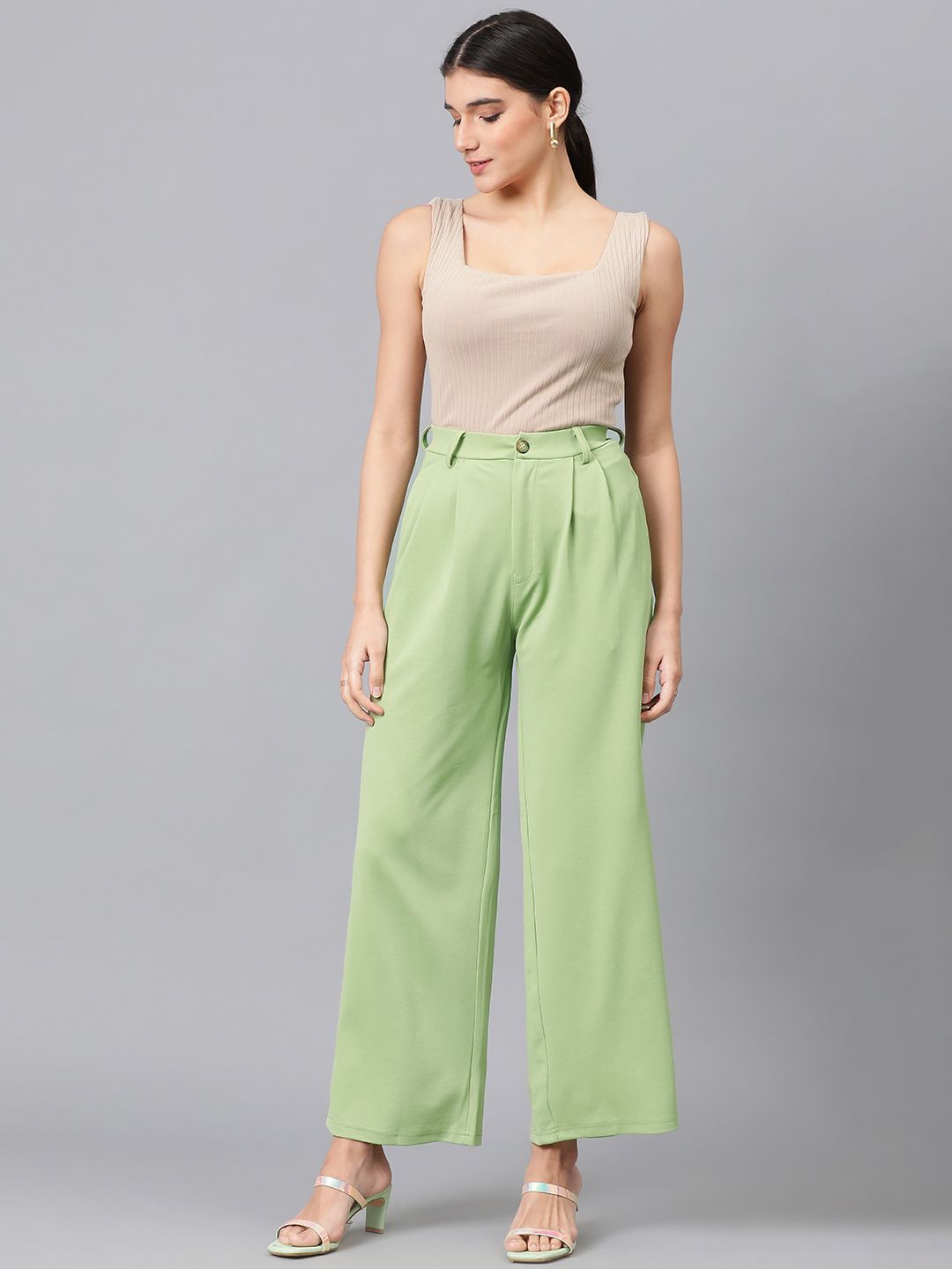 Kotty Women Green High-Rise Easy Wash Pleated Parallel Trousers