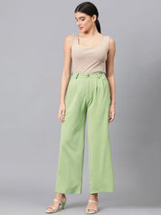 Kotty Women Green High-Rise Easy Wash Pleated Parallel Trousers