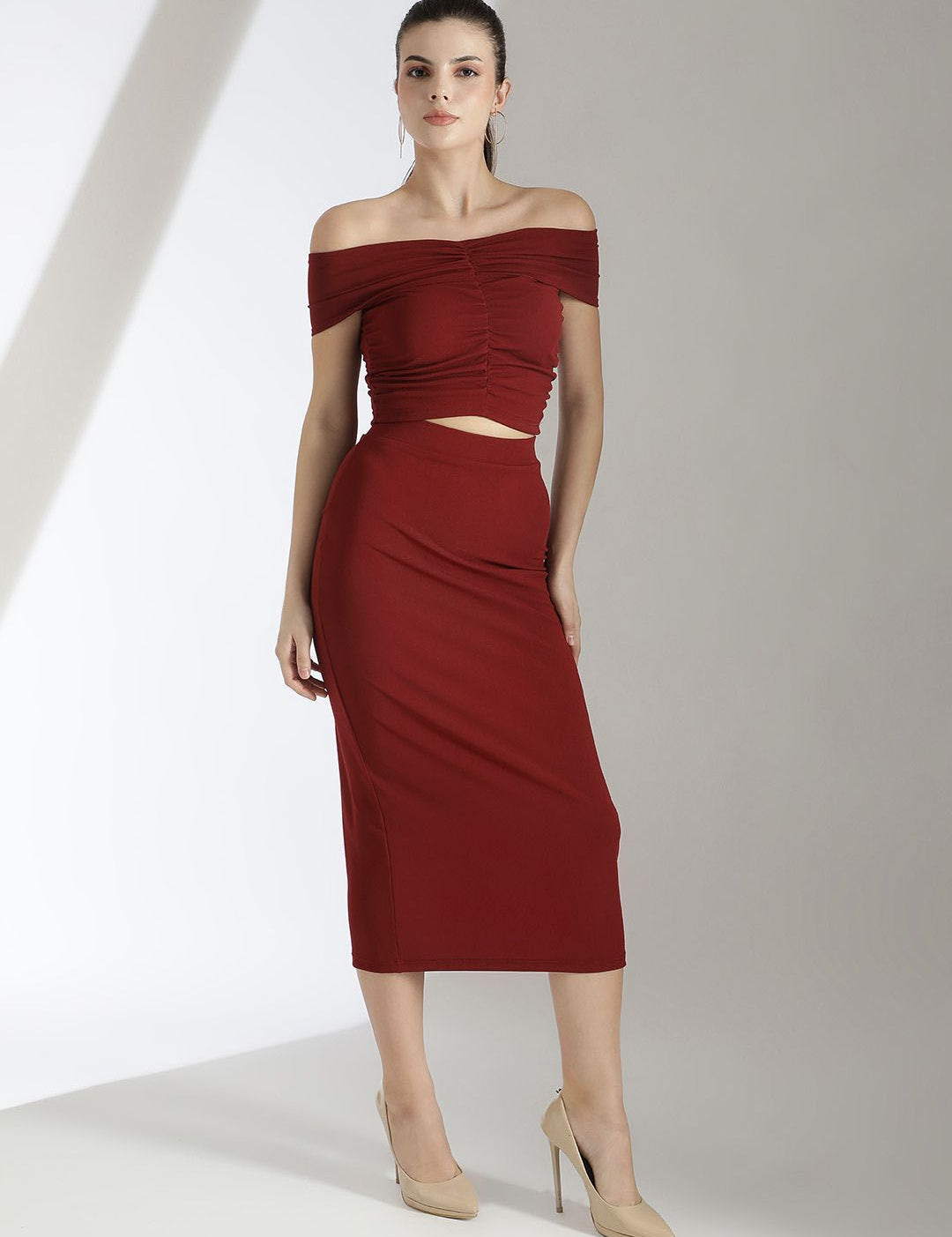 Kotty Maroon Off Shoulder Neck Top With Skirt