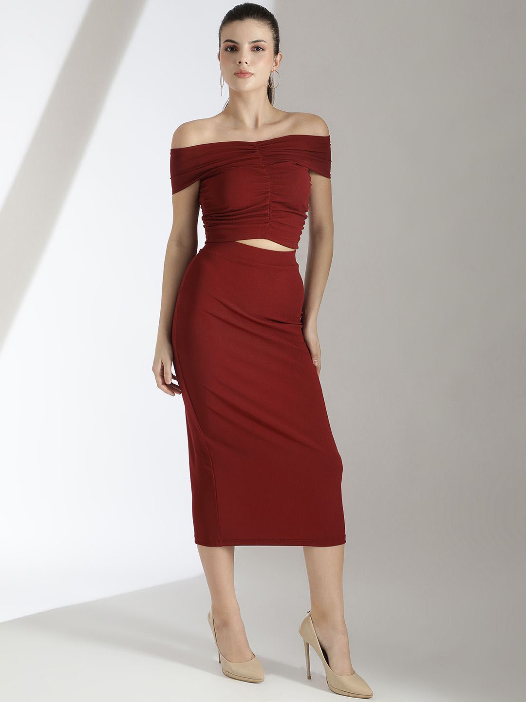 Kotty Maroon Off Shoulder Neck Top With Skirt