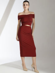 Kotty Maroon Off Shoulder Neck Top With Skirt