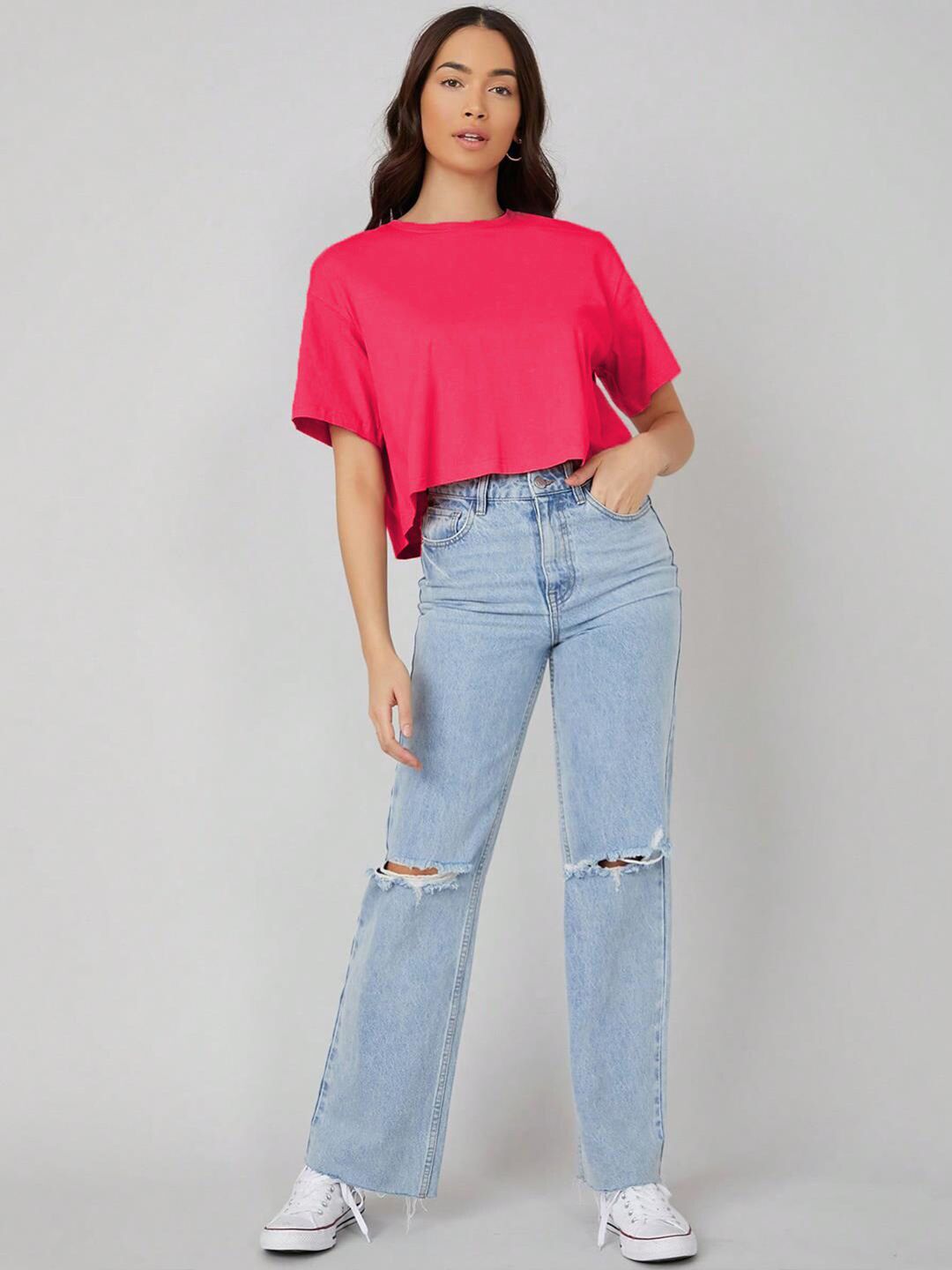 Kotty Round Neck Drop-Shoulder Sleeves Oversized Crop T-shirt