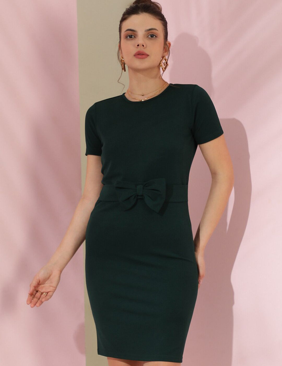 Stylecast X KOTTY Basics Bottle Green Front Bow Bodycon Dress