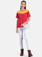 Kotty Women Pink & Mustard Yellow Colourblocked Boat Neck T-shirt