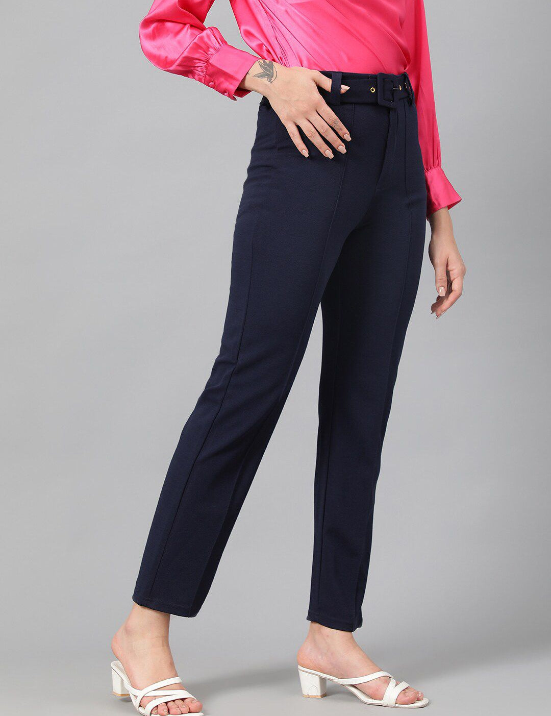 Kotty Women Navy Blue Relaxed Straight Leg Fit High-Rise Easy Wash Trousers