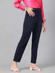 Kotty Women Navy Blue Relaxed Straight Leg Fit High-Rise Easy Wash Trousers