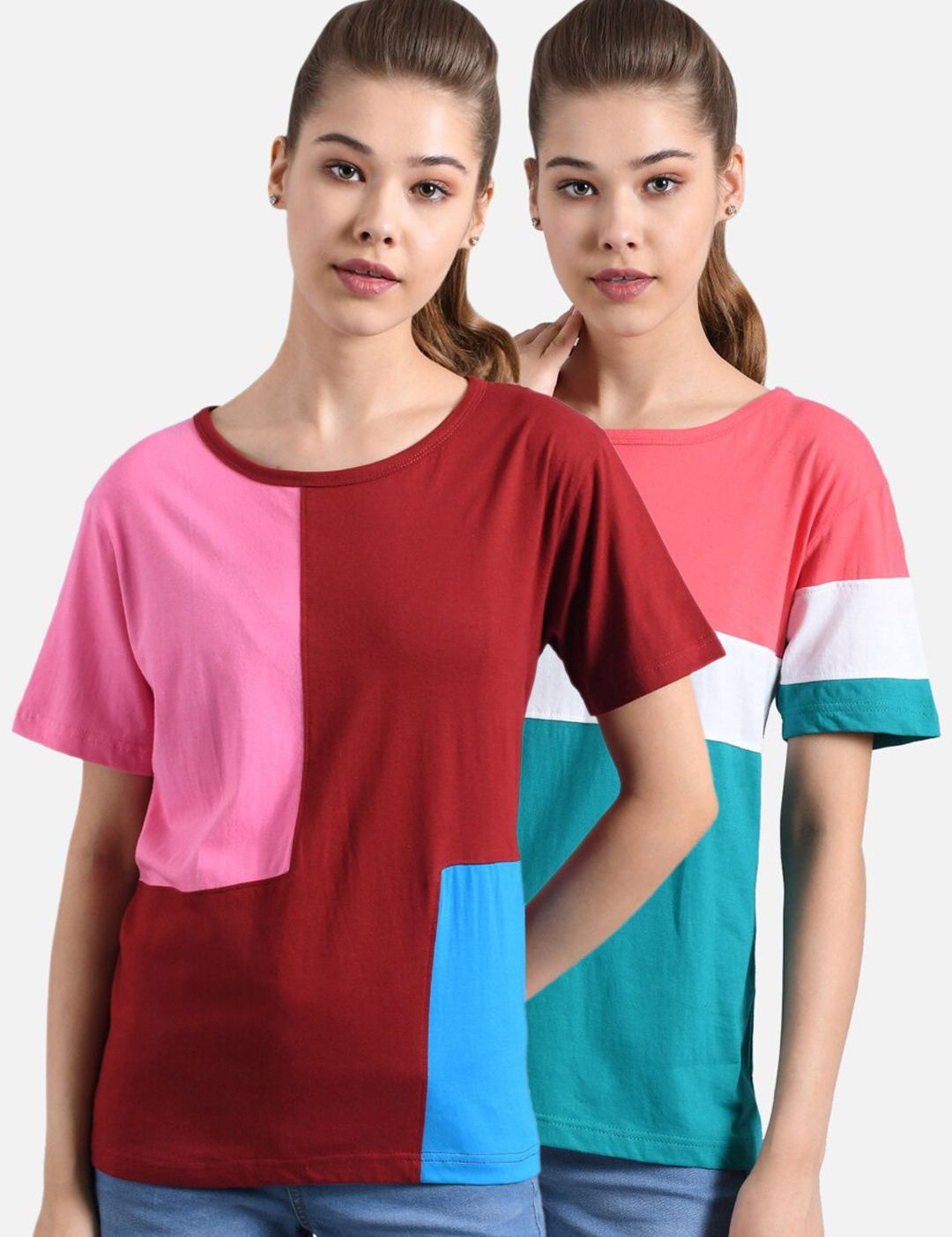 Kotty Women Multicoloured Pack of 2 Colourblocked Round Neck T-shirt