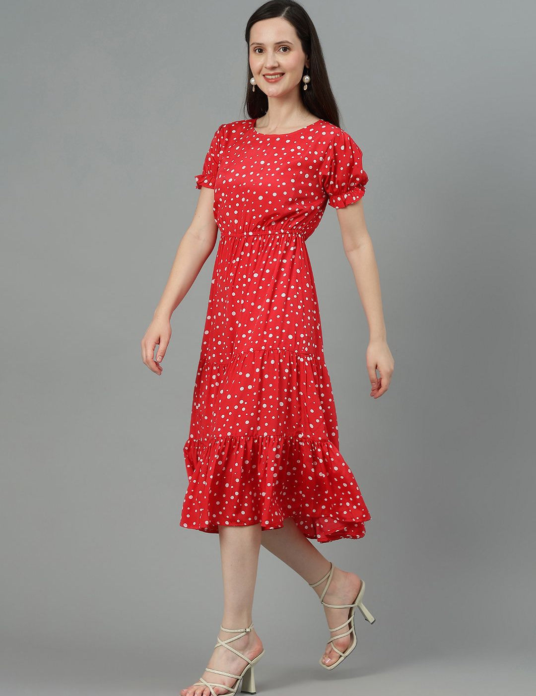 Kotty Polka Dot Printed Puff Sleeve Layered Crepe Fit & Flare Midi Dress