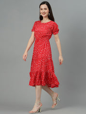 Kotty Polka Dot Printed Puff Sleeve Layered Crepe Fit & Flare Midi Dress