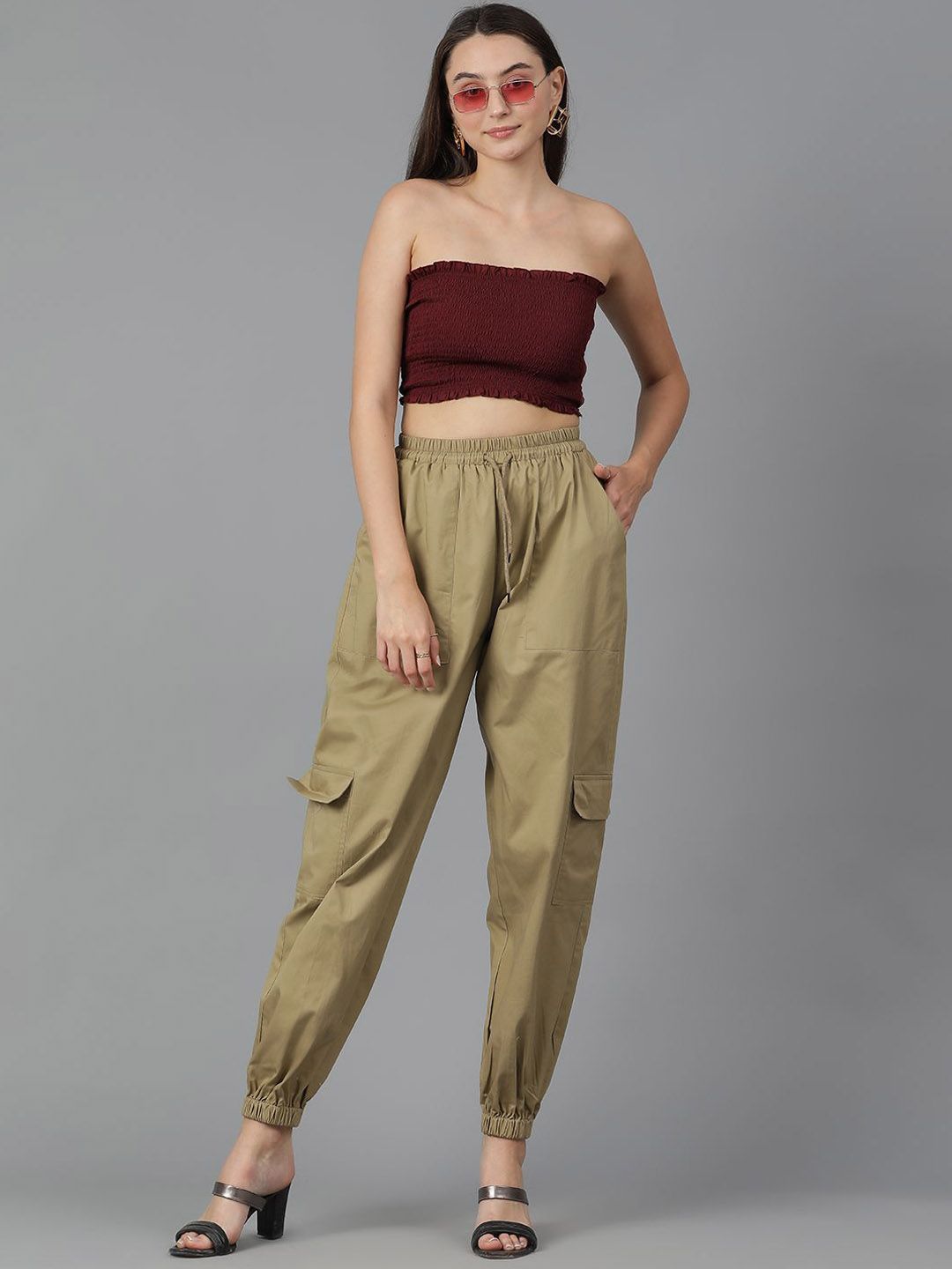 Kotty Women Brown High-Rise Easy Wash Cotton Joggers