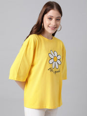 Kotty Floral Printed Drop-Shoulder Sleeves Cotton Oversized T-shirt