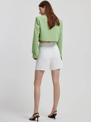 Kotty Green Crop Notched Lapel Collar Regular Fit Blazer