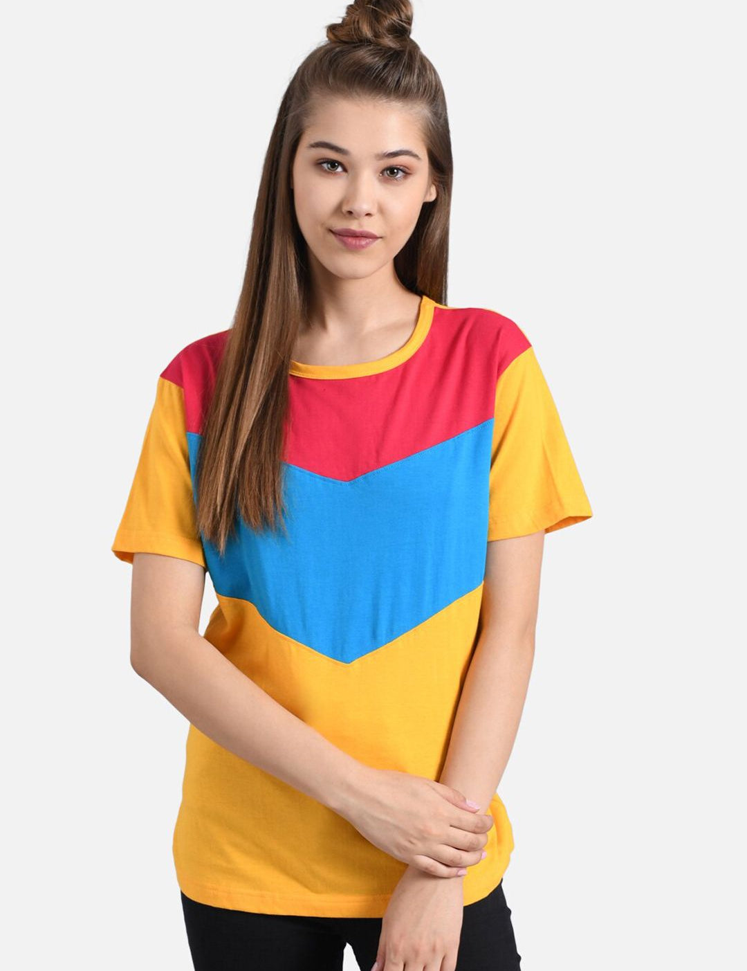 Kotty Women Yellow & Blue Colourblocked Round Neck T-shirt