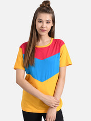 Kotty Women Yellow & Blue Colourblocked Round Neck T-shirt