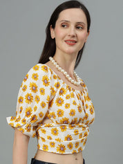 Kotty Cream Floral Printed Puff Sleeve Crop Top