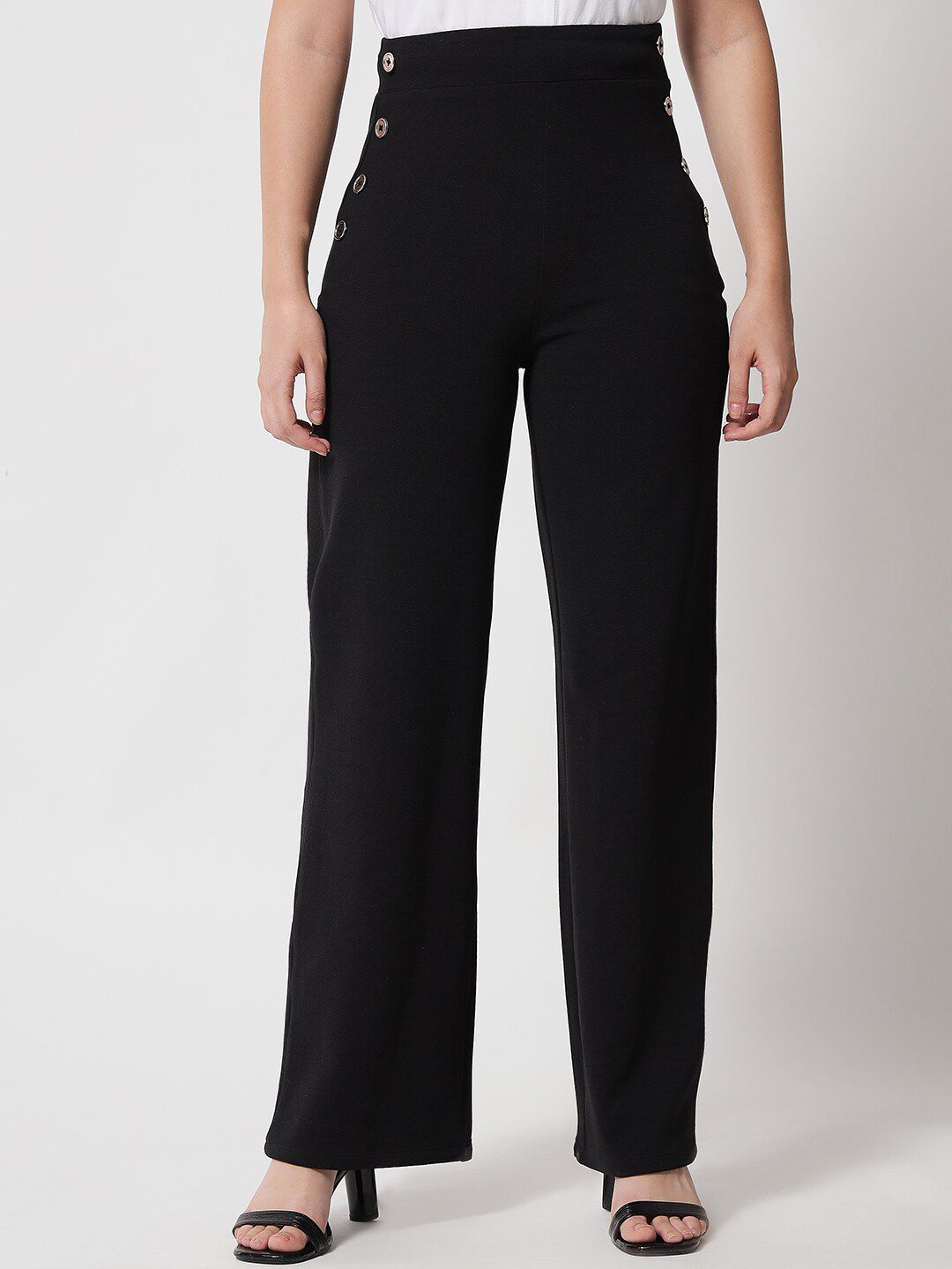 Kotty Women Black Relaxed Straight Fit High-Rise Easy Wash Trousers