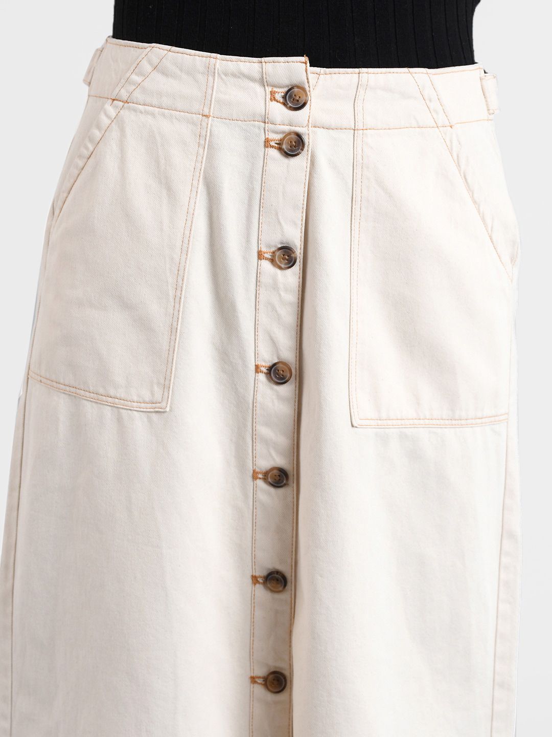 Kotty Women Cream-Coloured Solid Denim Denim A-Line Skirt
