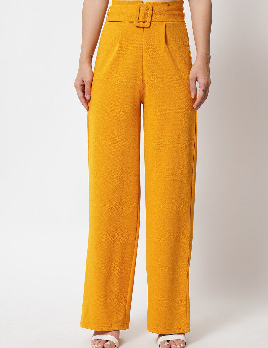 KOTTY BIZwear Women Yellow Relaxed Straight Fit High-Rise Easy Wash Pleated Trousers