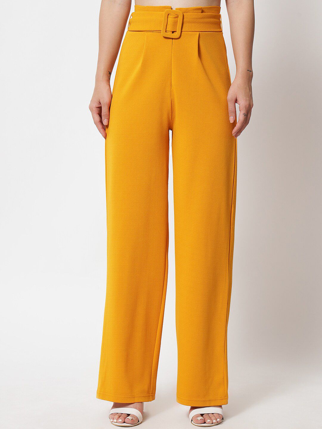 KOTTY BIZwear Women Yellow Relaxed Straight Fit High-Rise Easy Wash Pleated Trousers