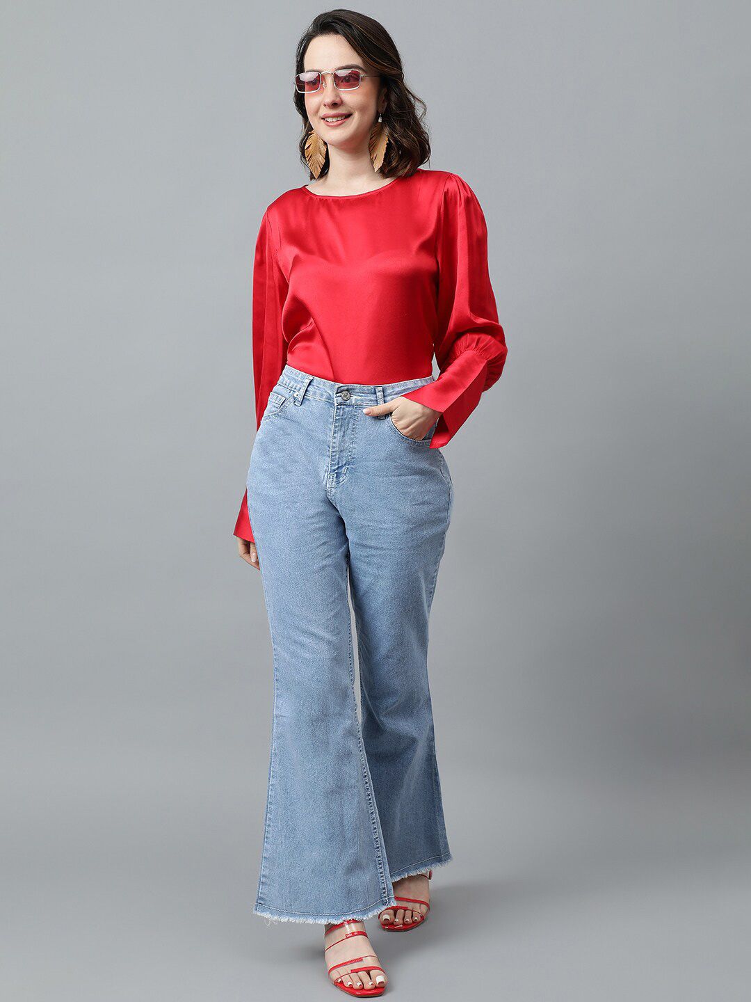 Kotty Red Cuffed Sleeves Satin Top