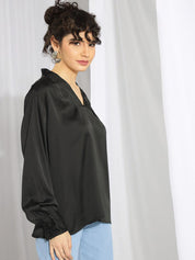 KOTTY BIZwear Black V-Neck Cuffed Sleeves Satin Top