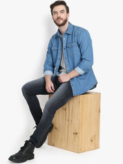 Kotty Men Blue Solid Lightweight Denim Jacket
