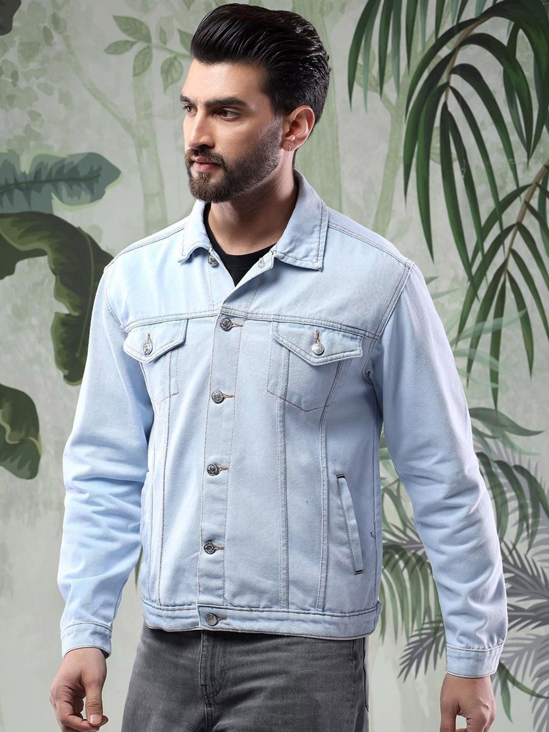 Kotty Men Solid Spread Collar Insulator Pure Cotton Denim Jacket