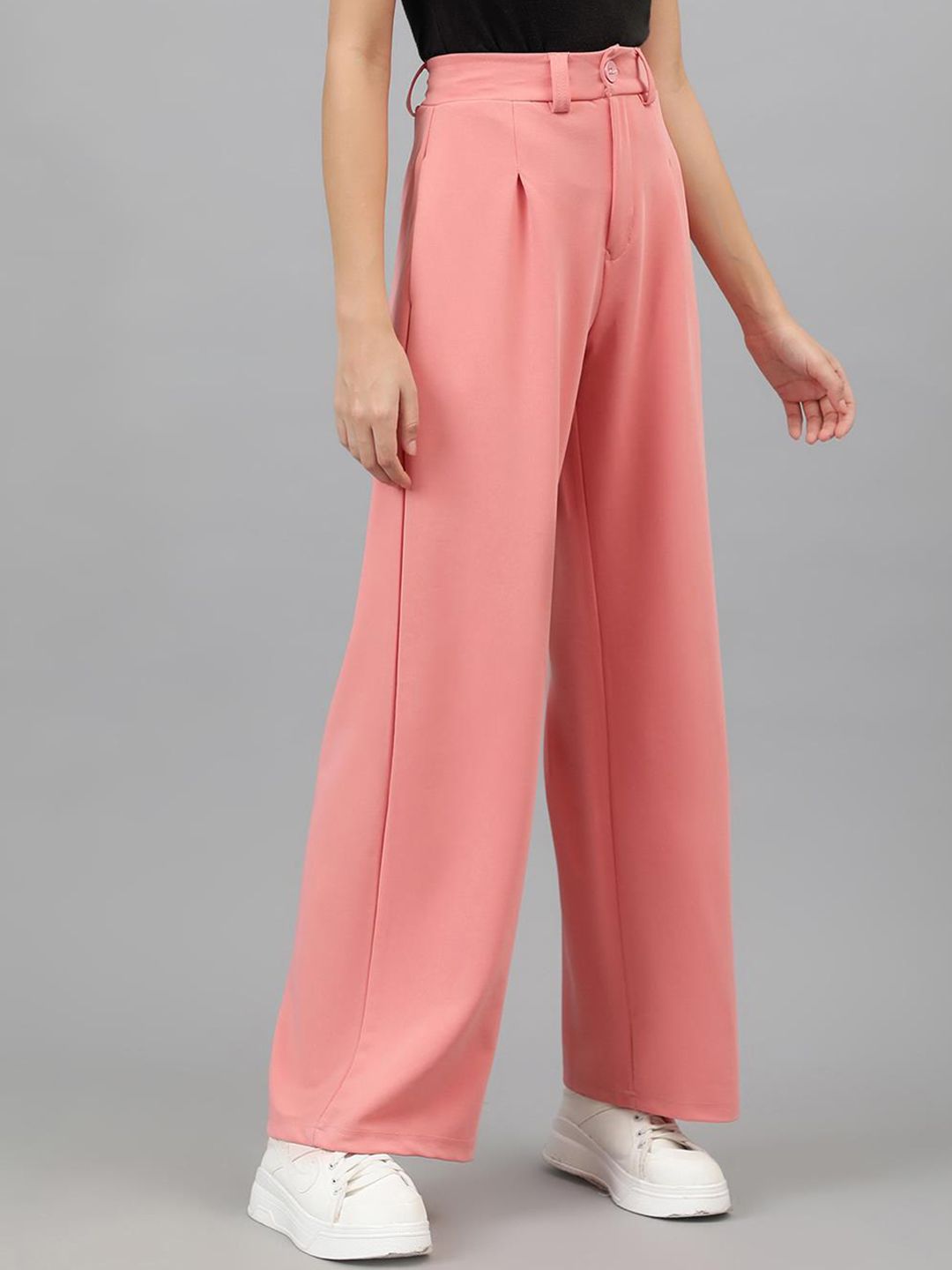 KOTTY BIZwear Women Baby Pink Relaxed Straight Leg High-Rise Easy Wash Pleated Trousers