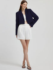 Kotty Navy Blue Crop Notched Lapel Collar Regular Fit Blazer