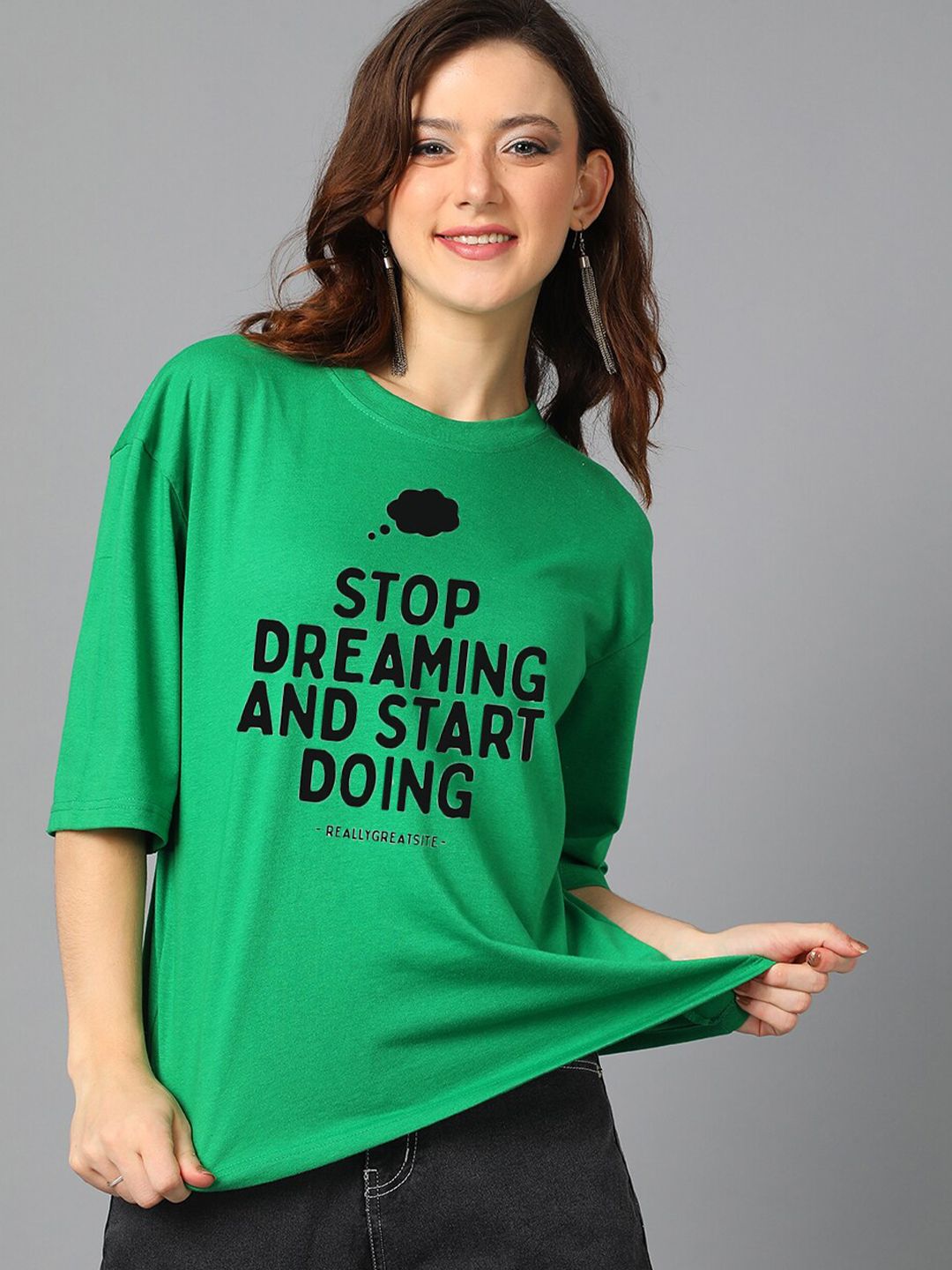 Kotty Green Typography Printed Oversized T-shirt