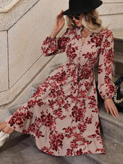 Kotty Beige & Maroon Printed Band Collar Puff Sleeves Crepe Tiered Fit & Flare Midi Dress