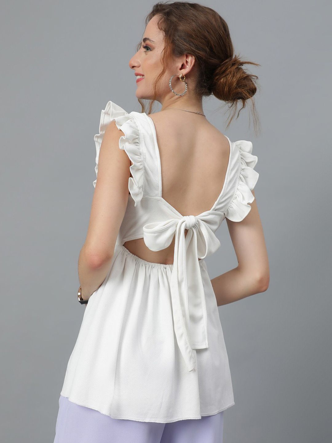 Kotty White Square Neck Flutter Sleeves A-Line Top
