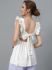 Kotty White Square Neck Flutter Sleeves A-Line Top