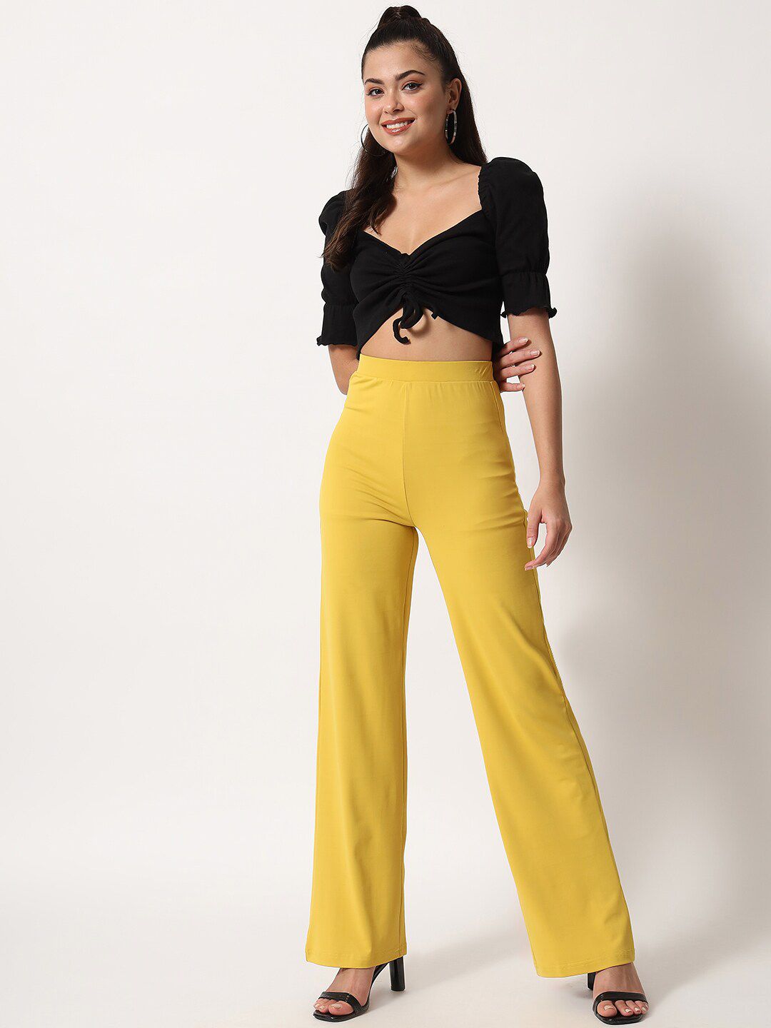 Kotty Women Yellow Relaxed Straight Fit High-Rise Easy Wash Trousers