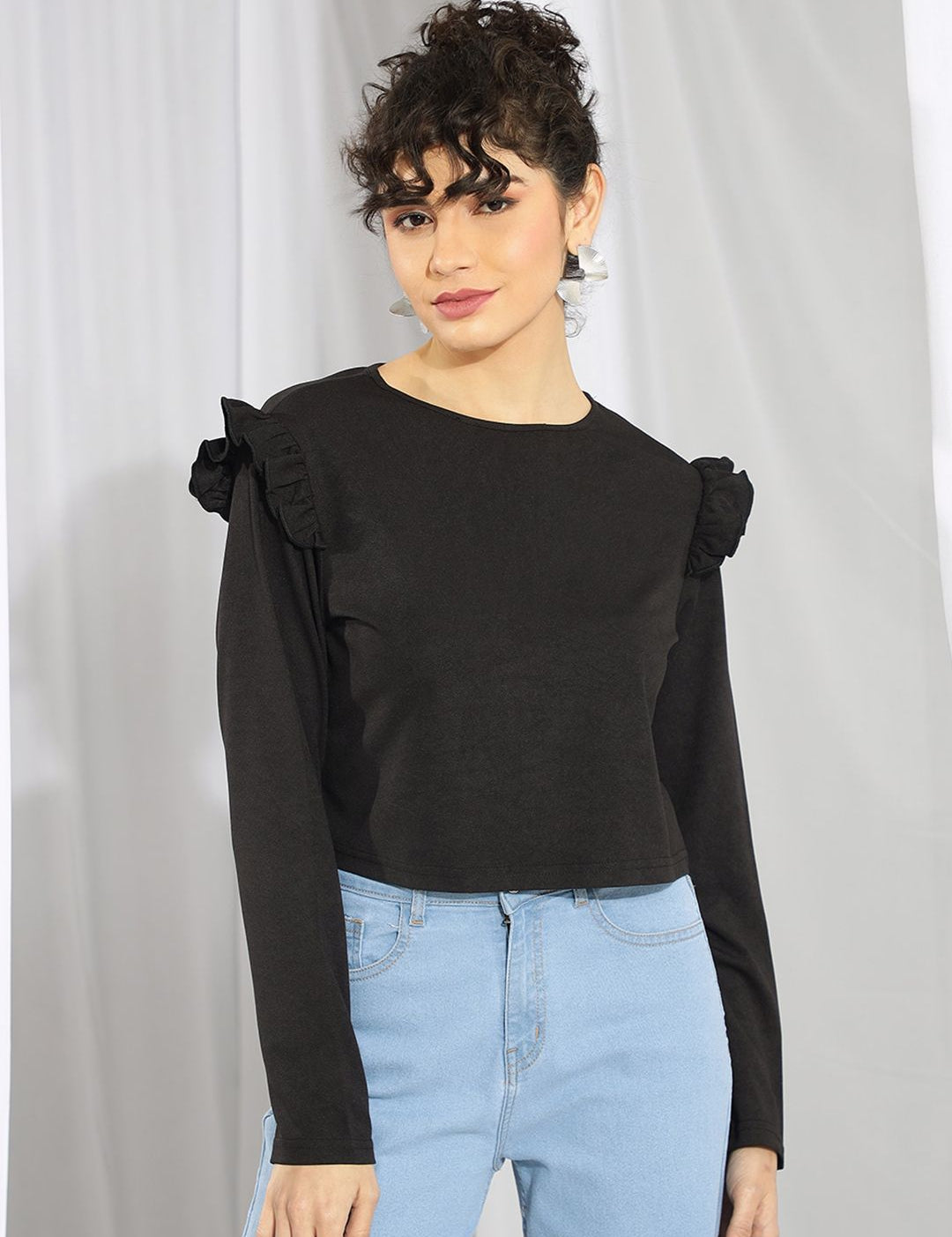 Kotty Black Round Neck Long Sleeves Ruffled Satin Top
