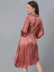 Kotty Brown Cuffed Sleeve Satin Fit & Flare Dress