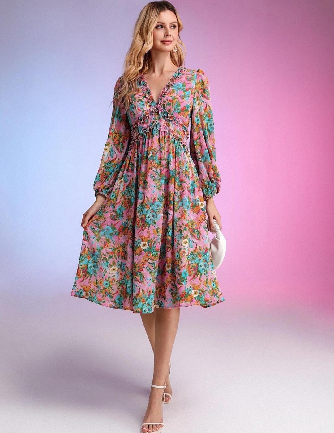Kotty Pink & Green Floral Printed Puffed Sleeves Satin Empire Midi Dress