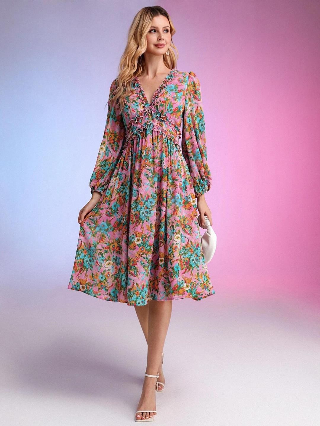 Kotty Pink & Green Floral Printed Puffed Sleeves Satin Empire Midi Dress
