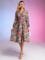 Kotty Pink & Green Floral Printed Puffed Sleeves Satin Empire Midi Dress