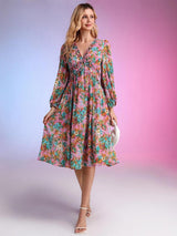 Kotty Pink & Green Floral Printed Puffed Sleeves Satin Empire Midi Dress