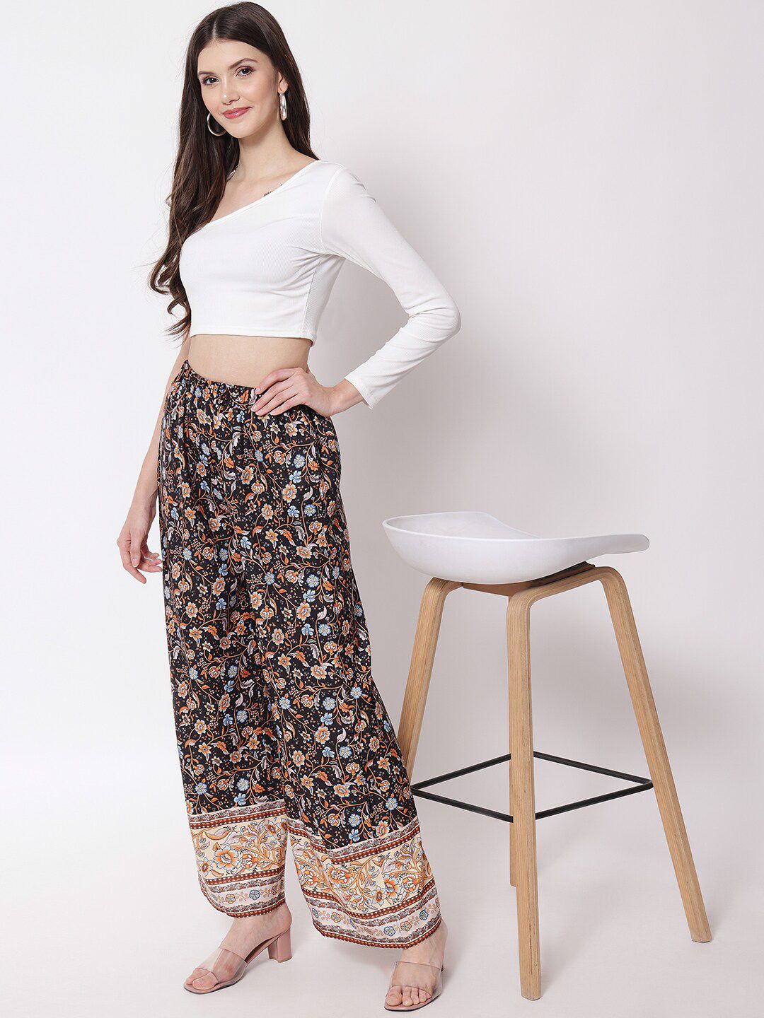 Kotty Women Brown Ethnic Motifs Printed Relaxed Flared High-Rise Easy Wash Trousers