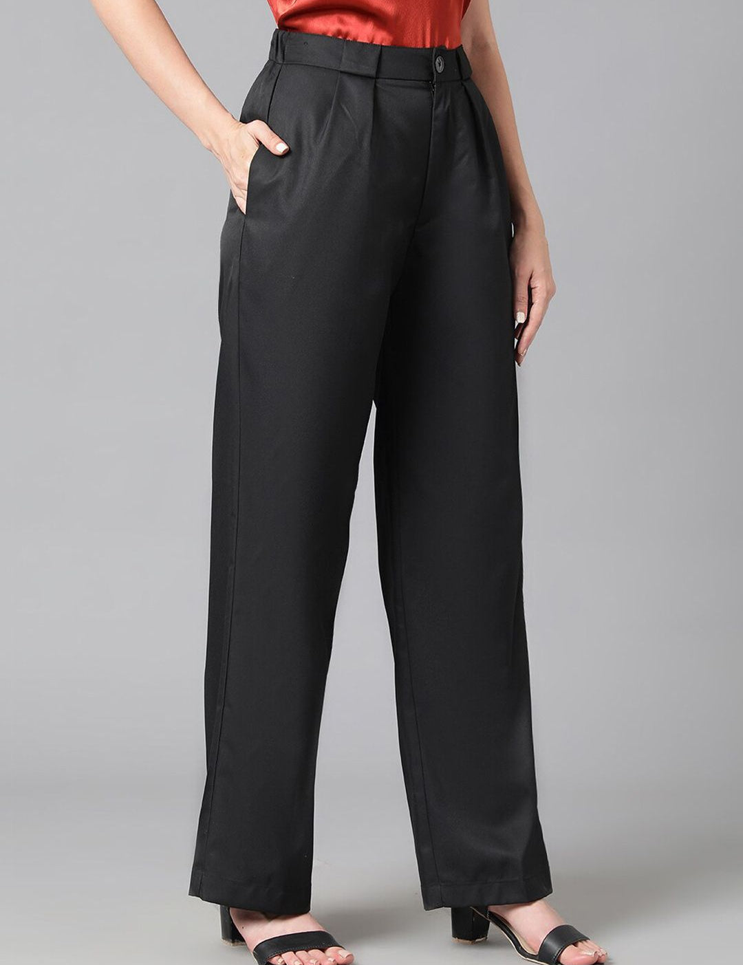 Kotty Women Black Relaxed Straight Leg Straight Fit High-Rise Easy Wash Pleated Trousers